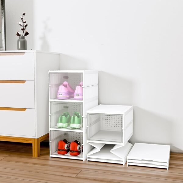 Kuber Industries 3-Layer Foldable Shoe Rack Dustproof Storage Cabinet 3-Layer Foldable Plastic Shoe Rack | Dustproof Stackable Shoe Storage Cabinet | White