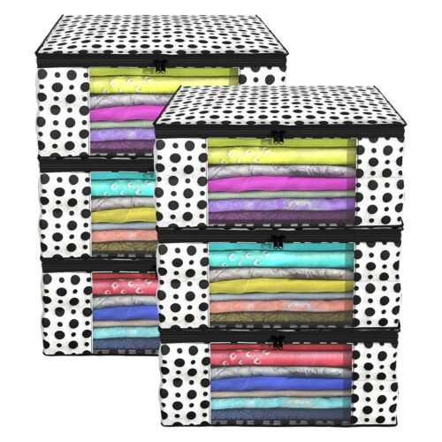 Kuber Industries Set of 6 Non-Woven Saree Covers Wardrobe Storage Bags Set of 6 Non-Woven Saree Covers | Polka Dot Wardrobe Storage Bags with Transparent Window & Zip | Black & White