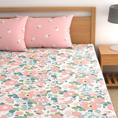 LOOMLYFE 300 TC Cotton Elastic Fitted King Size Bedsheet LOOMLYFE 300 TC Cotton King Size Elastic Fitted Bedsheet with 2 Pillow Covers (Pink Flower)