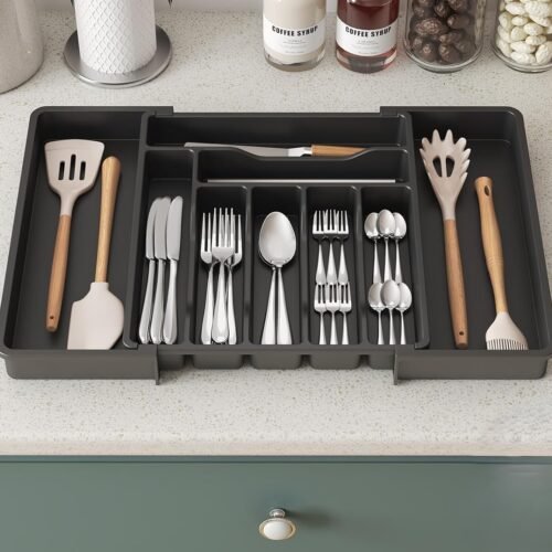 Expandable Kitchen Drawer Organizer | Adjustable 9-Compartment Cutlery & Utensil Tray | BPA-Free Plastic | Black