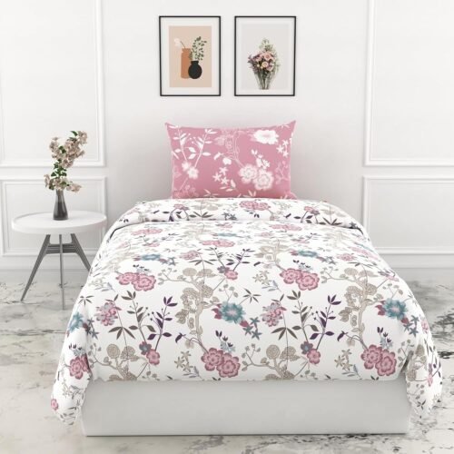 Loreto 144 TC Cotton Single Bedsheet Blush Pink & Teal Blooms 144 TC 100% Cotton Single Bedsheet with Pillow Cover (Blush Pink & Teal Blooms)