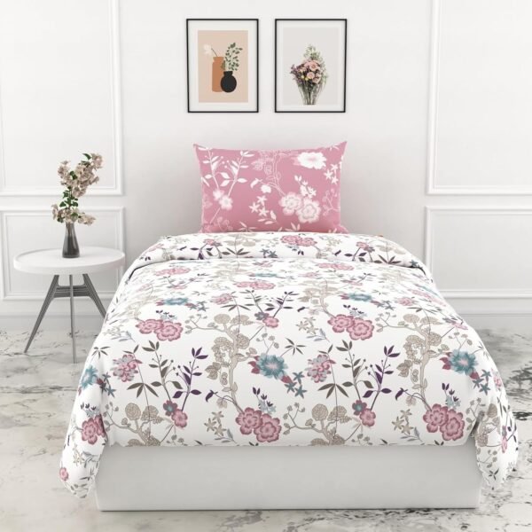 Loreto 144 TC Cotton Single Bedsheet Blush Pink & Teal Blooms 144 TC 100% Cotton Single Bedsheet with Pillow Cover (Blush Pink & Teal Blooms)
