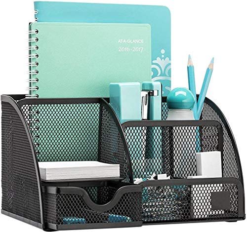 Metal Mesh Desk Organizer | 6-Compartment Office Pen Stand & Stationery Holder | Black