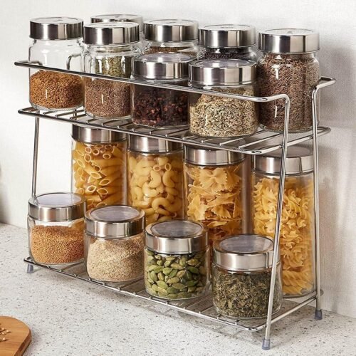 2-Tier Stainless Steel Spice Rack | Countertop Kitchen Organizer for Spice Jars, Bottles & Condiments | Silver
