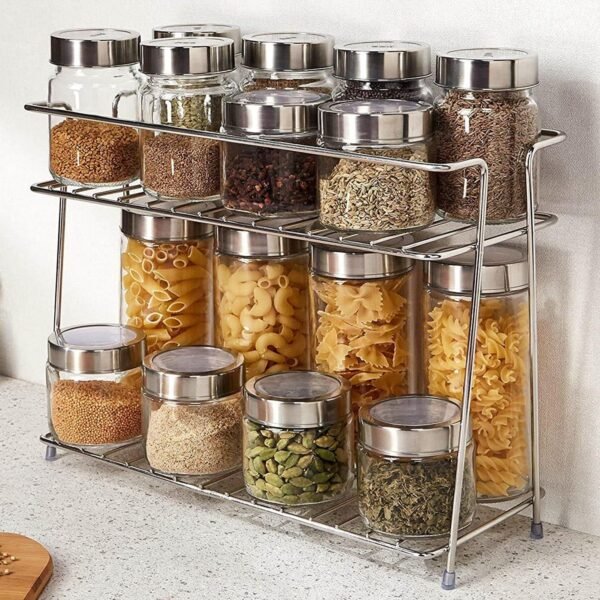 NH10 Designs 2-Tier Stainless Steel Spice Rack 2-Tier Stainless Steel Spice Rack | Countertop Kitchen Organizer for Spice Jars, Bottles & Condiments | Silver