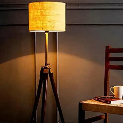 Wooden Tripod Floor Lamp – Antique Brass Finish