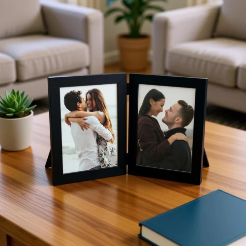 Wooden Double Table Photo Frame | Folding Hinged Picture Frame for 2 Photos (5x7 Inch, Black)