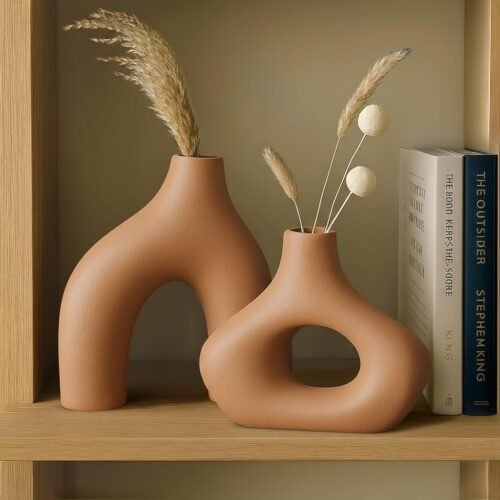 Abstract Ceramic Donut Vase Set of 2 – Modern Brown Decorative Flower Vases