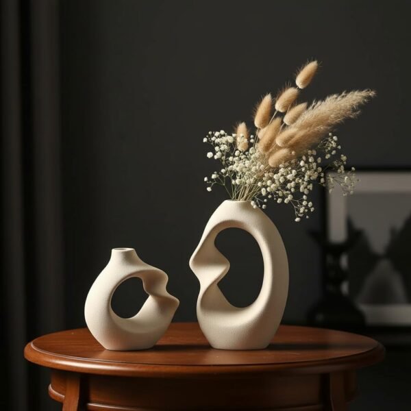 White Ceramic Donut Vase Set of 2 – Modern Decorative Pampas Grass Flower Vases