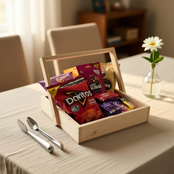 Pine Wood Decorative Gift Basket with Wooden Handle | Handmade Storage & Hamper Basket