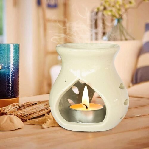 Ceramic Candle Operated Aroma Oil Diffuser Burner with Tea Light Candle (Ivory White, 9.5 cm)