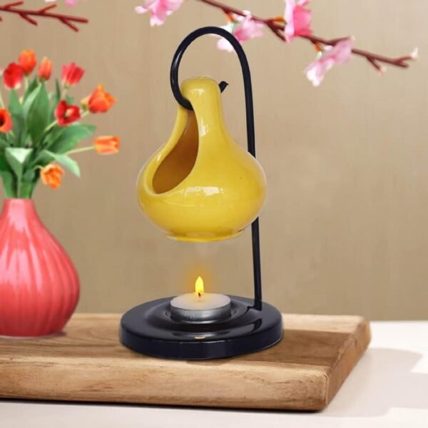 Ceramic Hanging Aroma Oil Diffuser Burner with Metal Stand & Tea Light Candle (Yellow, 4 x 8 Inch)