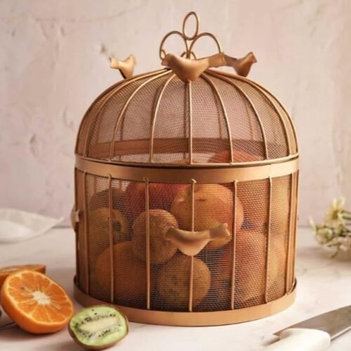 Birdcage Metal Fruit Basket with Mesh Lid | Decorative Iron Storage Basket