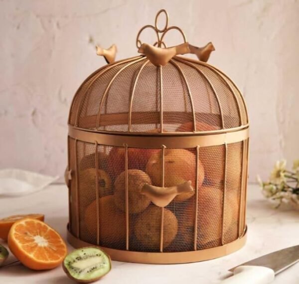 Birdcage Metal Fruit Basket with Mesh Lid | Decorative Iron Storage Basket