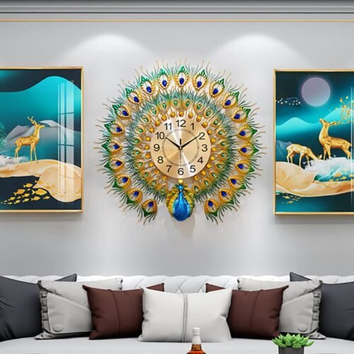 European Luxury Peacock Metal Wall Clock with Crystal Accents