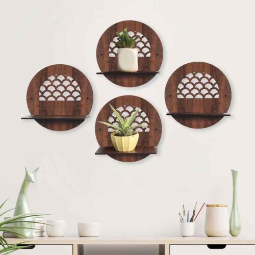 Round Decorative Wall Shelves Set of 4 | MDF Wooden Wall Mounted Floating Display Shelves