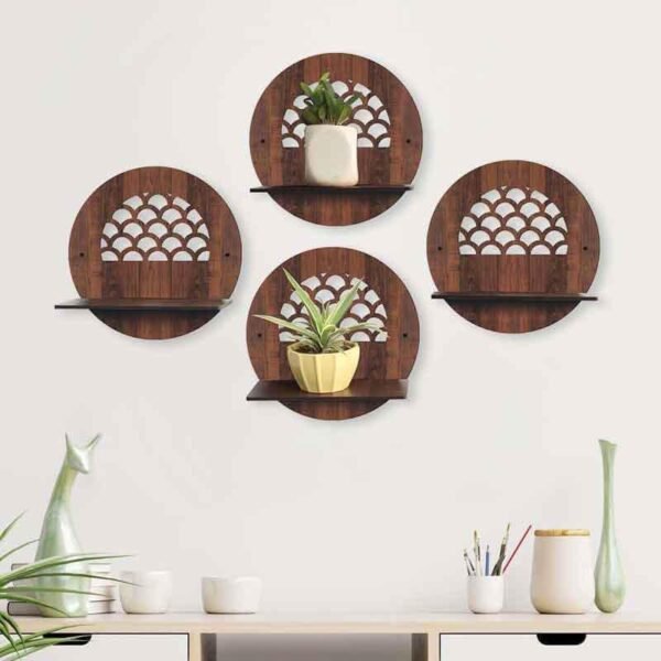 Round Decorative Wall Shelves Set of 4 | MDF Wooden Wall Mounted Floating Display Shelves