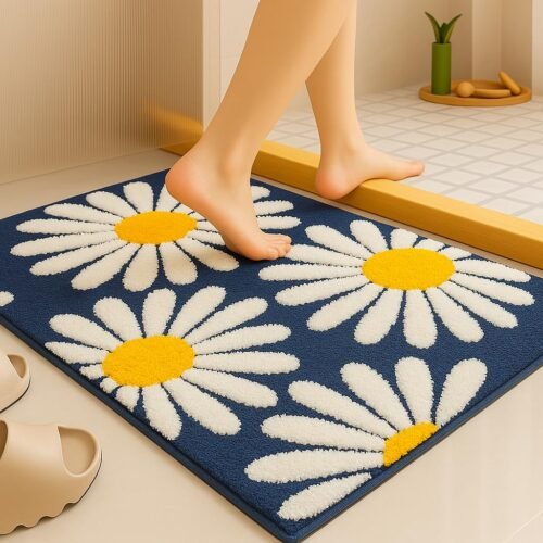 Flower Super Soft Microfiber Bath Mat | 2000 GSM | Super Absorbent | Anti-Skid | Machine Washable | Blue Floral | 40 × 60 cm