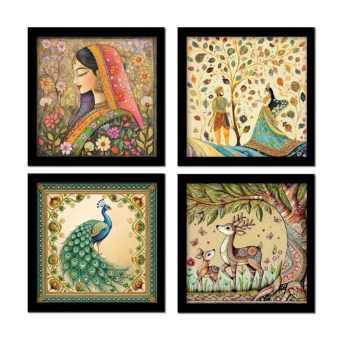 Rousrie Madhubani Framed Wall Art Set of 4 Madhubani Art Framed Painting for Home, Living Room & Hall – Traditional Rajasthani Pichwai Wall Art (Set of 4)
