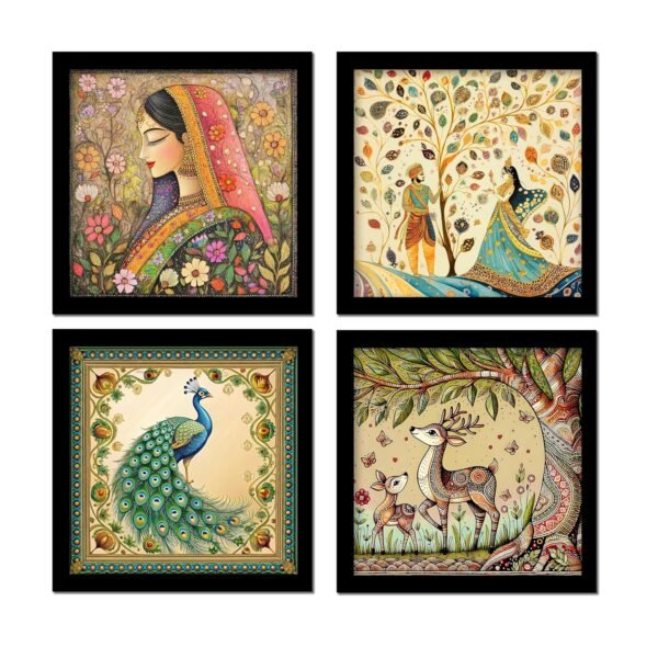 Rousrie Madhubani Framed Wall Art Set of 4 Madhubani Art Framed Painting for Home, Living Room & Hall – Traditional Rajasthani Pichwai Wall Art (Set of 4)