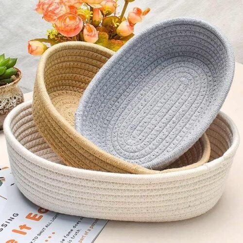 Handwoven Jute Cotton Storage Baskets (Set of 3) | Soft Oval Organizer Baskets