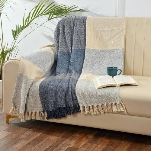 SASHAA WORLD Blue & White Cotton Throw Blanket 60×80 Inch Blue & White Cotton Throw Blanket for Sofa, Bed, Chair & Living Room (Blue & White, 60 × 80 Inches / 152 × 203 cm)