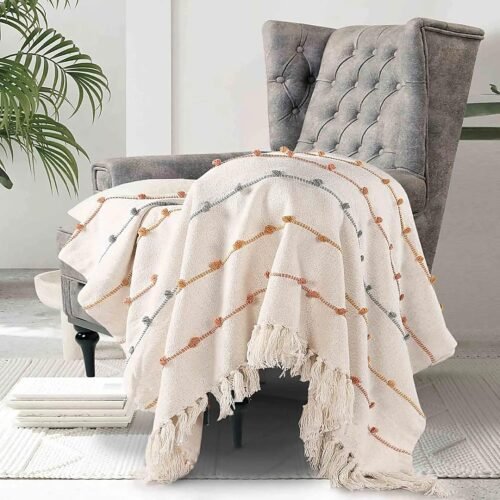 SASHAA WORLD Cotton Throw Blanket Natural & Beige 150×125 cm Multicolour Striped Cotton Throw Blanket for Sofa, Bed & Living Room (Natural & Beige, 150 × 125 cm)
