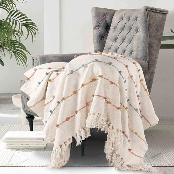 Multicolour Striped Cotton Throw Blanket for Sofa, Bed & Living Room (Natural & Beige, 150 × 125 cm)