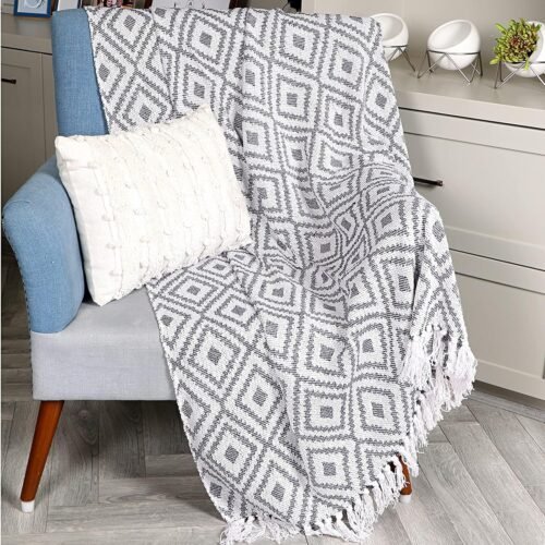 SASHAA WORLD Woven Diamond Pattern Cotton Throw Blanket 125×150 cm Woven Diamond Pattern Cotton Throw Blanket for Sofa, Bed & Living Room (Navy & Grey, 125 × 150 cm)