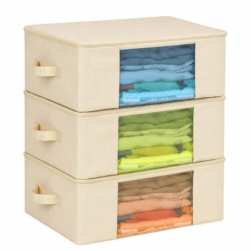 Set of 3 Cotton Canvas Saree Storage Bags | Wardrobe Organizer with Transparent Window & Zip | Beige