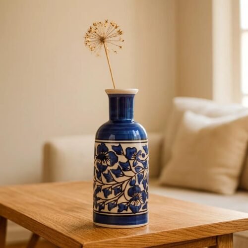 Mughal Floral Blue Ceramic Vase – Handcrafted Decorative Flower Vase for Home & Office