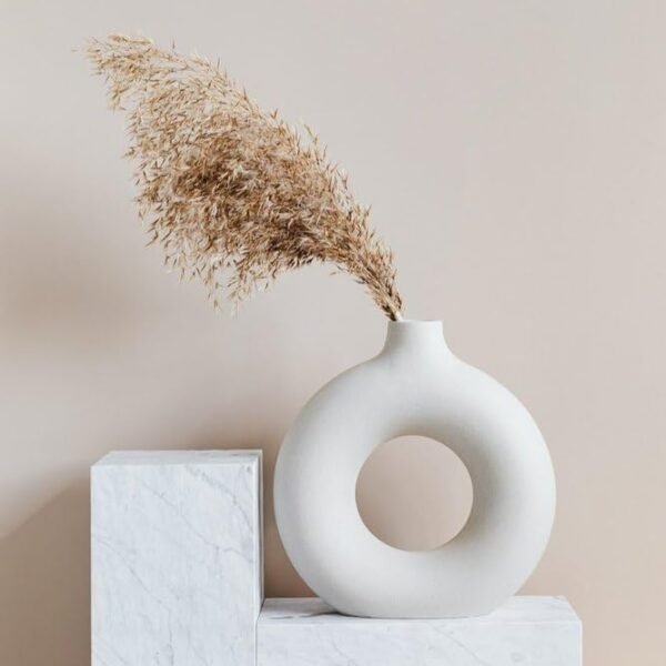 White Ceramic Donut Vase – 6 Inch Modern Pampas Grass & Flower Vase