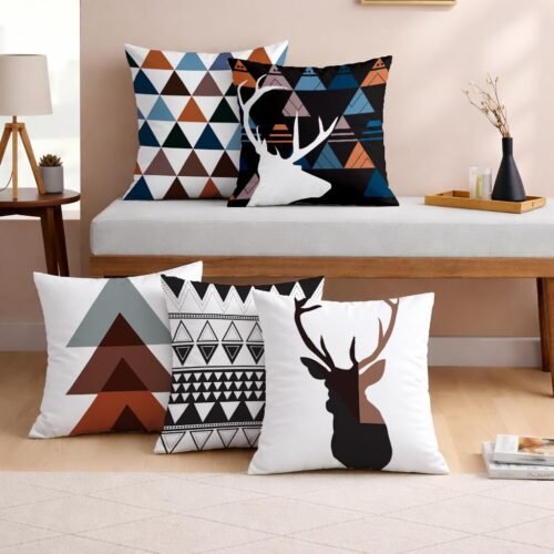 Polycotton Cushion Cover Set (16 × 16 Inches, Pack of 5, Deer & Geometric Print)