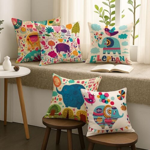 Polycotton Cushion Cover Set (16 × 16 Inches, Pack of 5, Multicolor Elephant & Jungle Print)