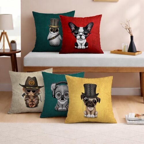 Funky Friends Jute Cushion Cover Set (16 × 16 Inches, Pack of 5, Quirky Animal Print)