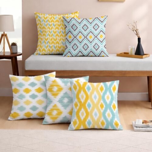 Jute Cushion Cover Set (16 × 16 Inches, Pack of 5, Yellow & Aqua Ikat Print)