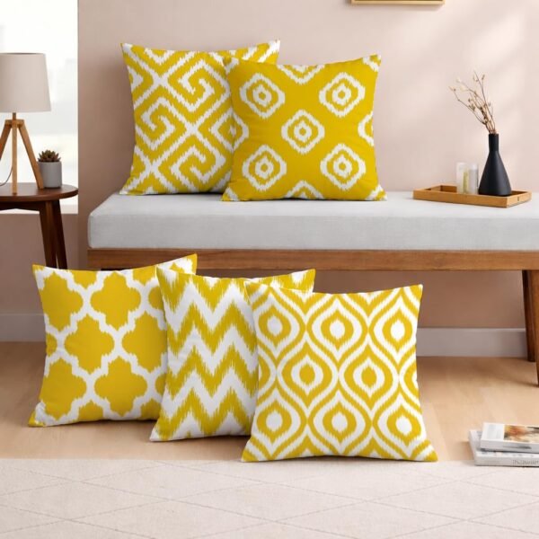 Polycotton Cushion Cover Set (16 × 16 Inches, Pack of 5, Yellow & White Geometric Print)