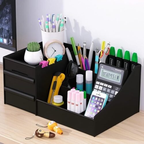 ABS Plastic Desk Organizer with Drawers | Multifunctional Office & Study Table Organizer | Black