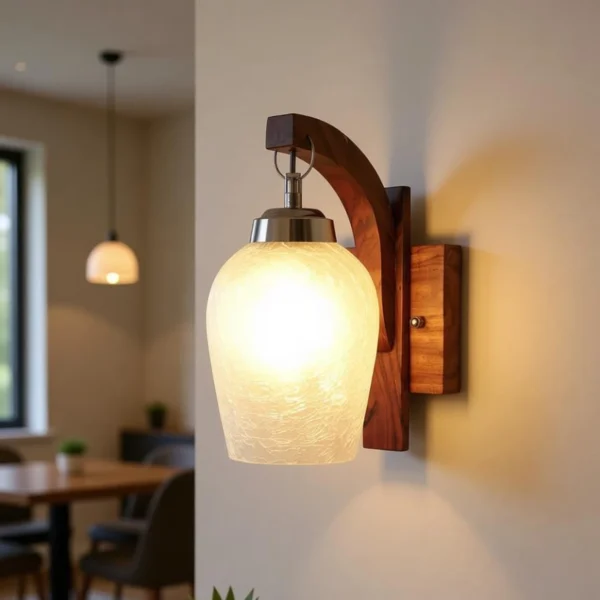 Sinoman Wooden Glass Wall Lamp Traditional E27 Wall Sconce Wooden Glass Wall Lamp β Traditional Wall Sconce (E27 Base)
