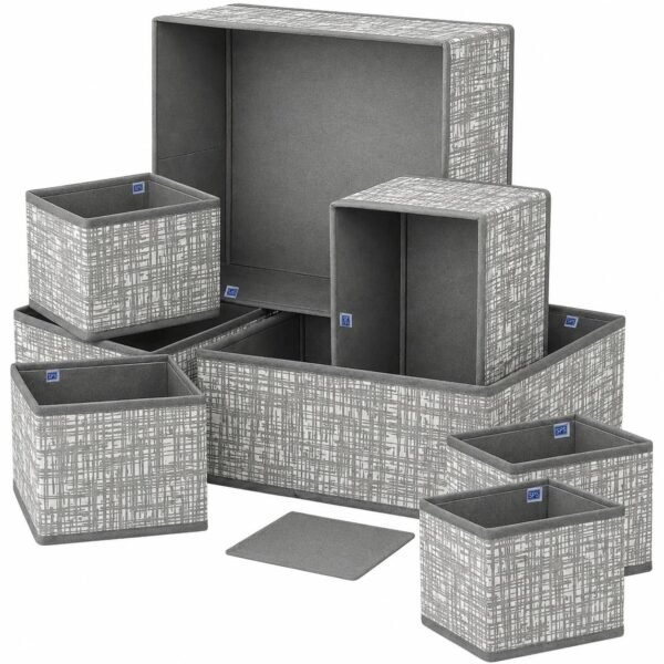 Skrill 8-Piece Foldable Drawer Organizer Set Wardrobe Storage Boxes 8-Piece Foldable Cloth Storage Box Set | Non-Woven Drawer & Wardrobe Organizers | Crosshatch Grey