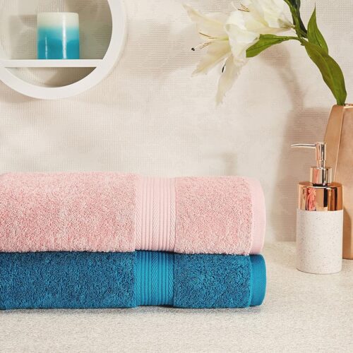 Solimo 500 GSM Cotton Bath Towel Set of 2 Turquoise Blue & Baby Pink 100% Cotton Bath Towel Set | 2 Pieces | 500 GSM | Super Soft & Highly Absorbent | Fade Resistant | 70 × 140 cm | Turquoise Blue & Baby Pink