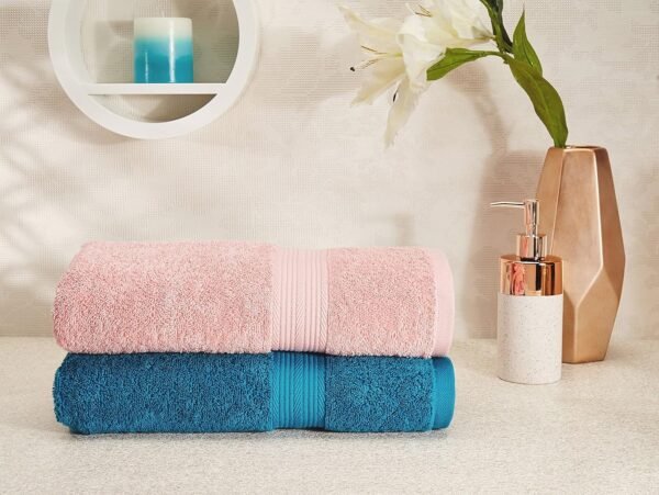 Solimo 500 GSM Cotton Bath Towel Set of 2 Turquoise Blue & Baby Pink 100% Cotton Bath Towel Set | 2 Pieces | 500 GSM | Super Soft & Highly Absorbent | Fade Resistant | 70 × 140 cm | Turquoise Blue & Baby Pink