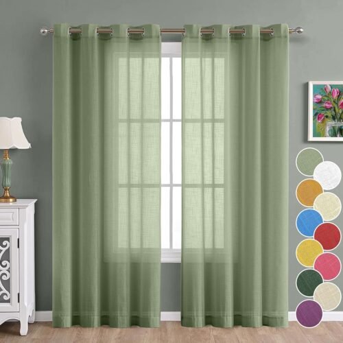 Cotton Linen Sheer Window Curtains with Steel Eyelets (4.5 x 6 Feet, Avocado Green, Set of 2)