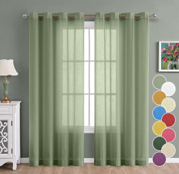 THE LINEN COMPANY Cotton Linen Sheer Curtains 4.5 x 6 Feet Avocado Green Cotton Linen Sheer Window Curtains with Steel Eyelets (4.5 x 6 Feet, Avocado Green, Set of 2)