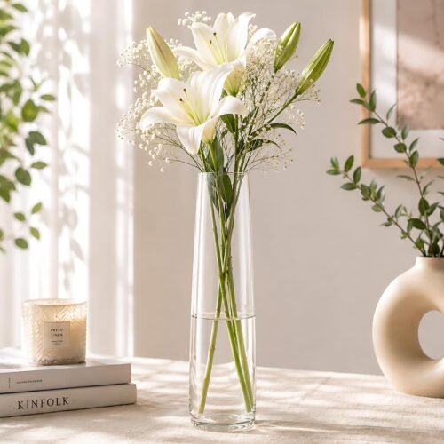 Clear Glass Flower Vase – Tall Decorative Glass Vase for Fresh Flowers & Home Décor