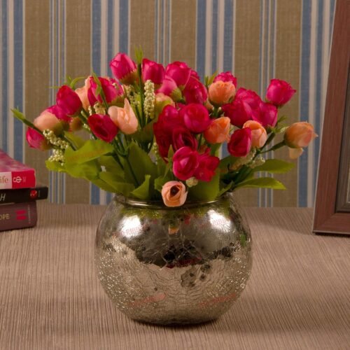 Decorative Mercury Glass Vase with Artificial Flowers – Tabletop Floral Centerpiece