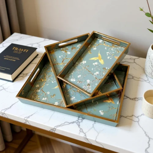 Golden Bird Print Wooden Serving Tray Set of 3 | Decorative Tea & Coffee Trays