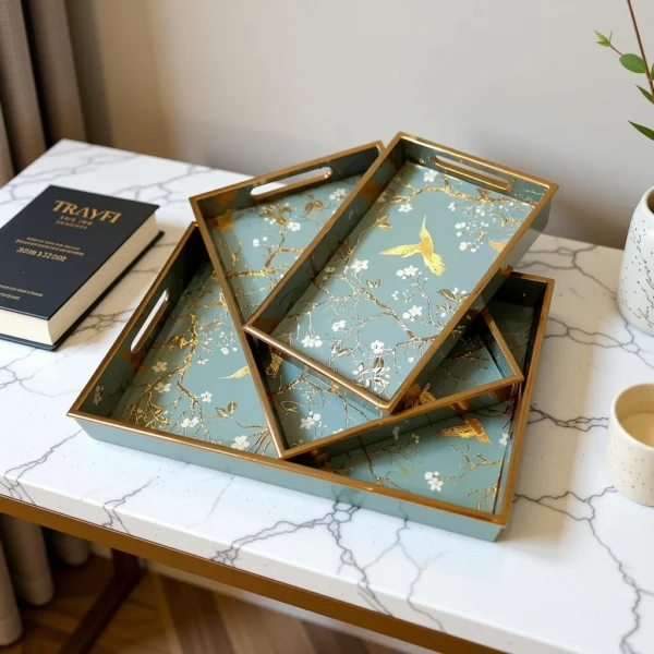TrayFi Golden Bird Print Wooden Serving Tray Set of 3 Decorative Tea & Coffee Trays Golden Bird Print Wooden Serving Tray Set of 3 | Decorative Tea & Coffee Trays