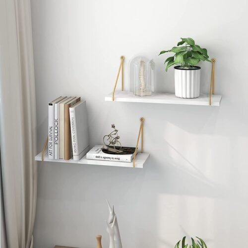 Wall Mounted Floating Shelves Set of 2 | Minimalist White Engineered Wood & Gold Metal Display Shelves