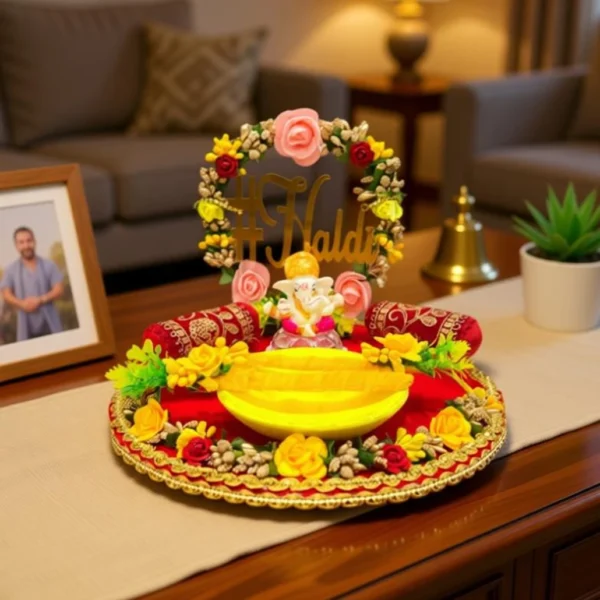 Unique Palette Beautiful Haldi Platter Tray Decorative Wooden Wedding Ceremony Plate Beautiful Haldi Platter Tray | Decorative Wooden Wedding Haldi Ceremony Plate